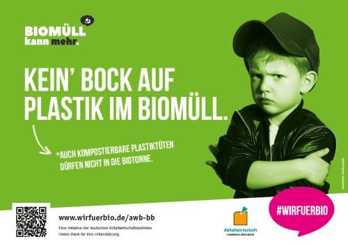 Plakat Kein Bock auf Plastik im Biomüll - Link auf Seite wir für bio.de