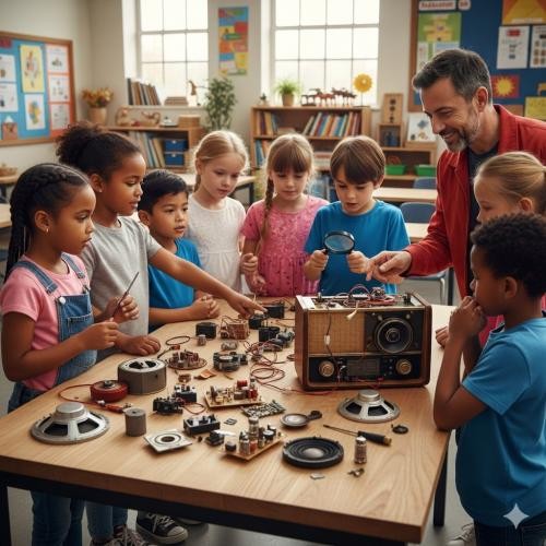 Workshop E-Schrott Kinder schauen auf ein zerlegtes Radio