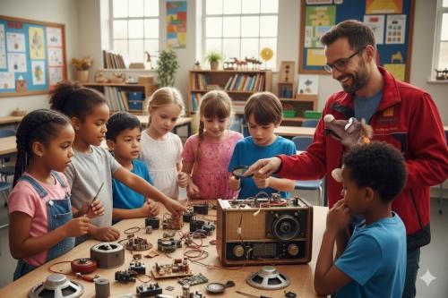 Workshop E-Schrott Kinder schauen auf ein zerlegtes Radio