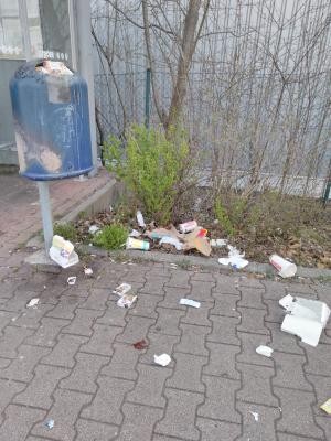Wilder Müll rund um einen öffentlichen Mülleimer