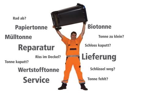 Tonnenservice Ein Müllwerker, der eine Tonne in die Höhe hebt. Daneben stehen Stichworte