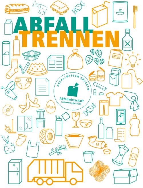 verschiedene Abfälle und ein Müllfahrzeug als Symbole für den Workshop zur Abfalltrennung