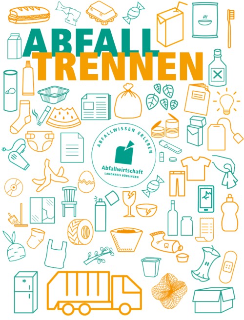 verschiedene Abfälle und ein Müllfahrzeug als Symbole für den Workshop zur Abfalltrennung